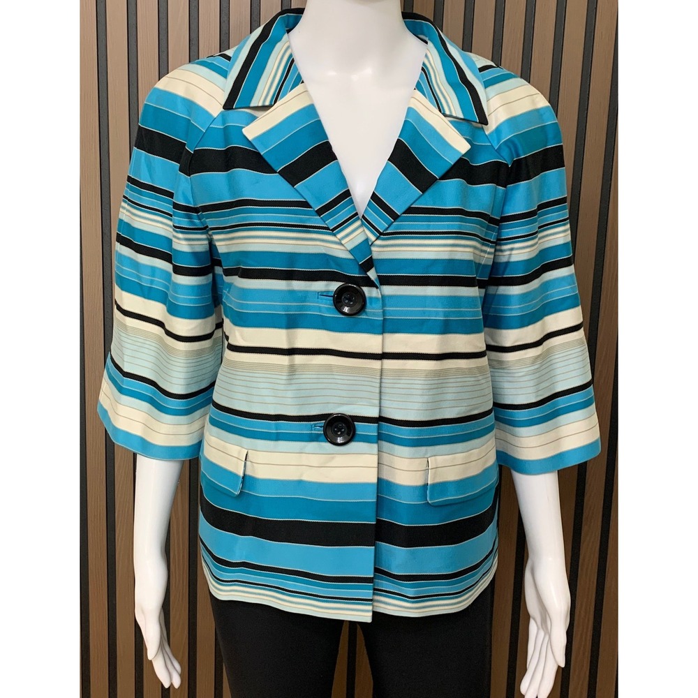 Talbots Women's 14 Blue Striped Cotton Blazer 3/4 Sleeve Two Button Jacket